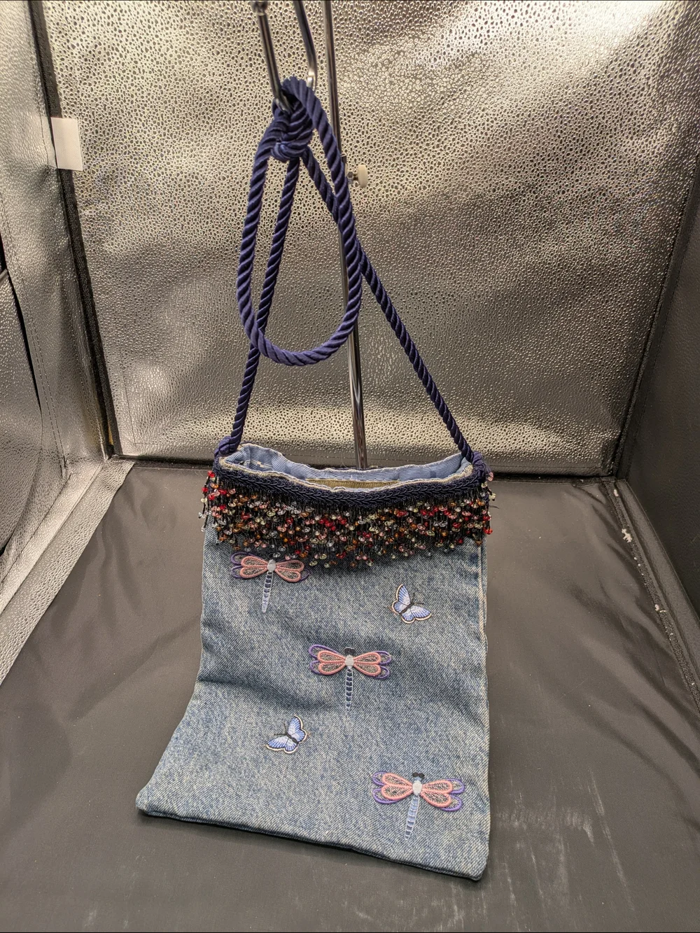 Denim Dragonfly Crossbody Bag with Navy Rope Strap Handmade